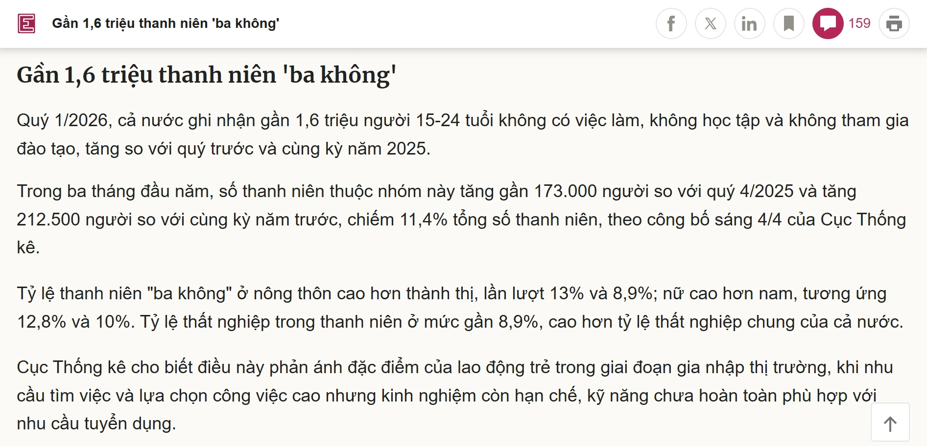 Bài báo VnExpress: Gần 1,6 triệu thanh niên 'ba không' — không việc làm, không học tập, không đào tạo (Quý 1/2026, theo Cục Thống kê)